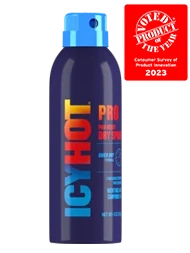 Front packaging of Icy Hot PRO Dry Spray. Voted Product of the Year (Consumer Survey of Product Innovation 2023)